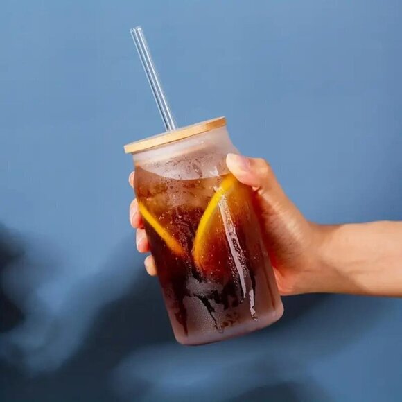 16oz 4pcs Frosted Drinking Glasses With Bamboo Lids And Glass Straws - Picture 5 of 5